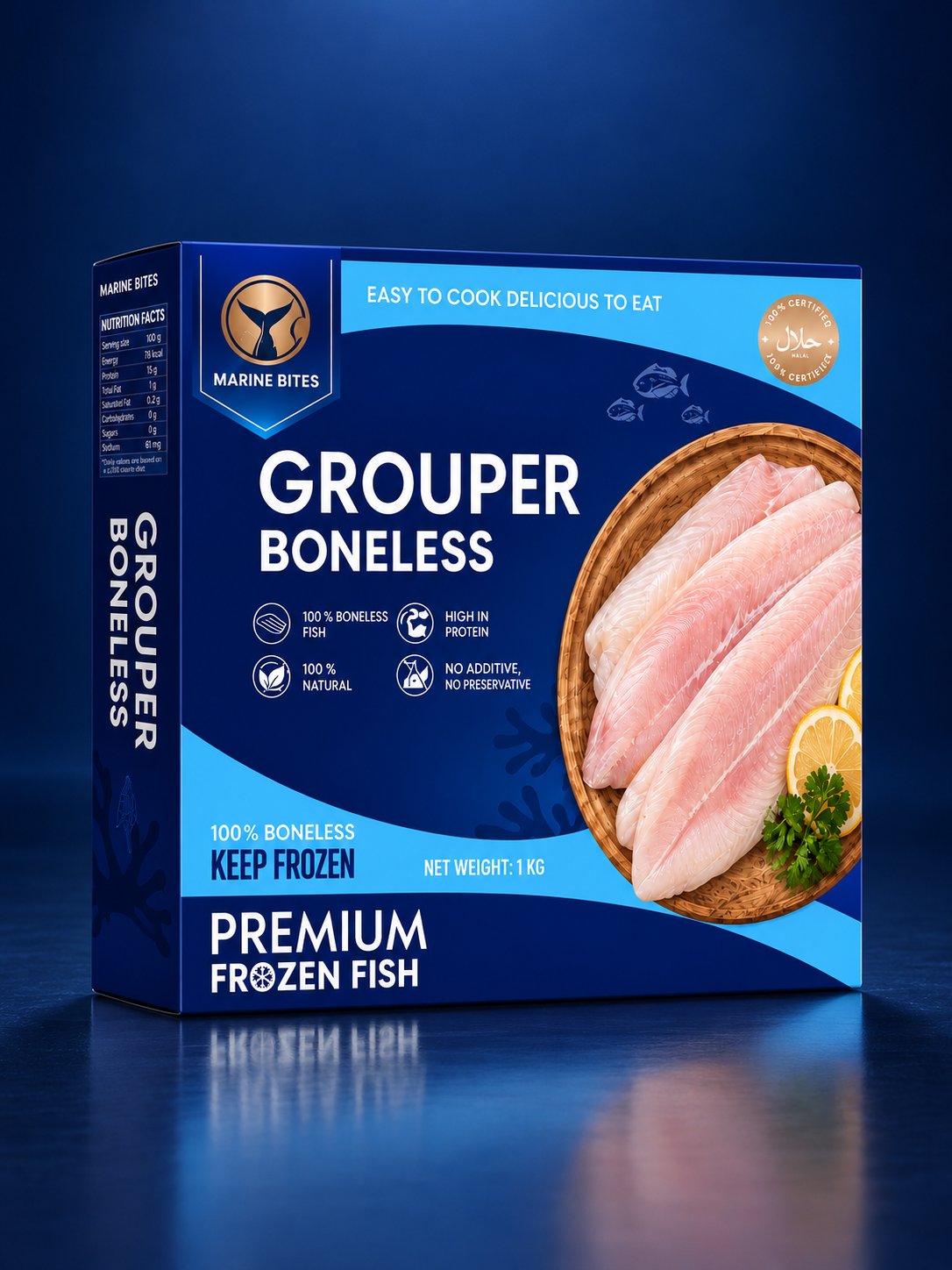 Marine Bites Grouper Boneless premium frozen white fish fillets.
